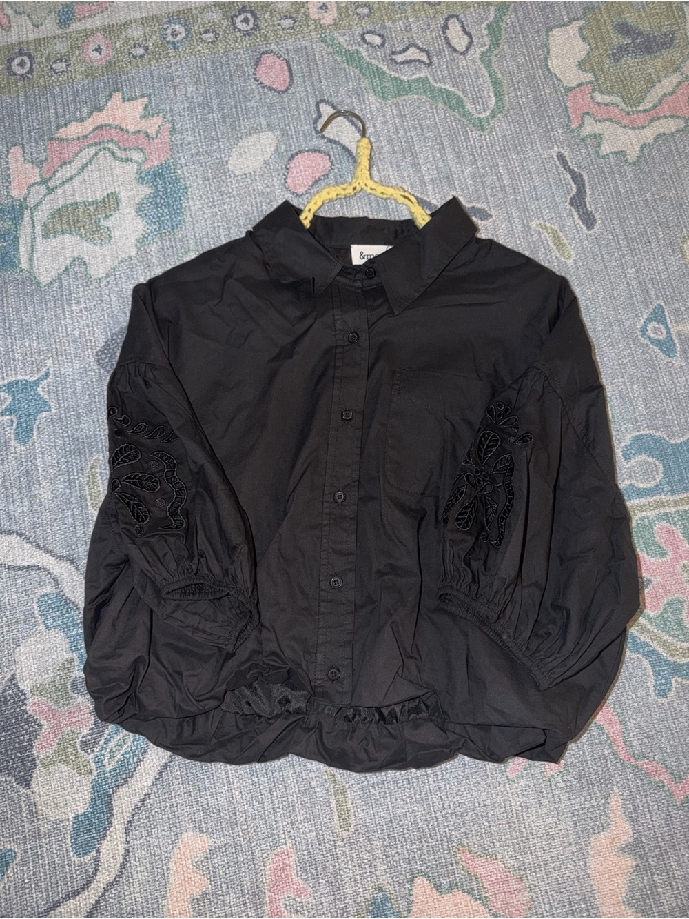 Black Embroidered Puff-Sleeve Button-Up Blouse